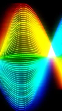 Vibrant rainbow-colored light waves intersecting in a bright glowing center.. Stockillustratie