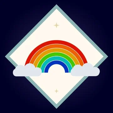 Vibrant rainbow icon inside diamond frame with clouds and stars on navy blu.. Stock Illustration