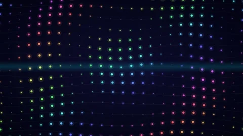 Vibrant rainbow light dots arranged in a curved wave pattern on dark background Stock-Footage 335117486