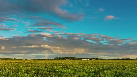 Vibrant rainbow over lush green meadow with soft clouds in summer sunset la.. Stock Footage 337805964