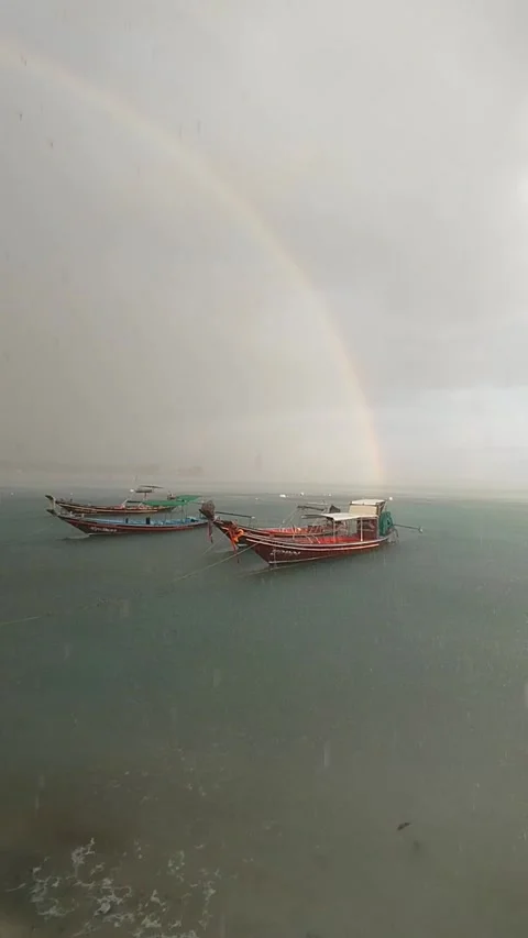 Vibrant Rainbow Over Tropical Ocean Beach After Rain in Koh Samui Thailand Stock Footage 345147502