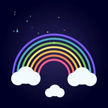 Vibrant rainbow with small clouds and colorful speckles on dark background Иллюстрация