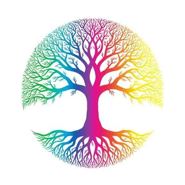 Vibrant Rainbow Tree of Life with Roots and Branches on White Background Ilustração Stock