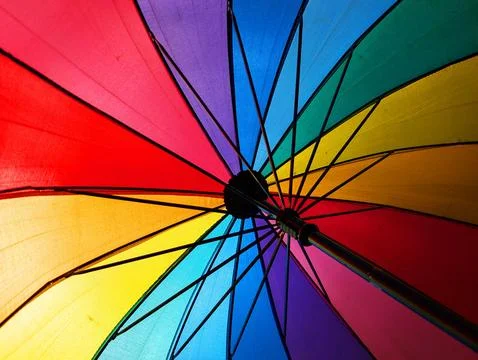 Vibrant Rainbow Umbrella Underside Perspective Fotos de archivo