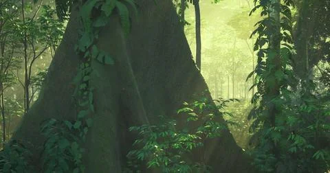 Vibrant rainforest canopy with sunlight filtering through lush foliage Stock Illustration