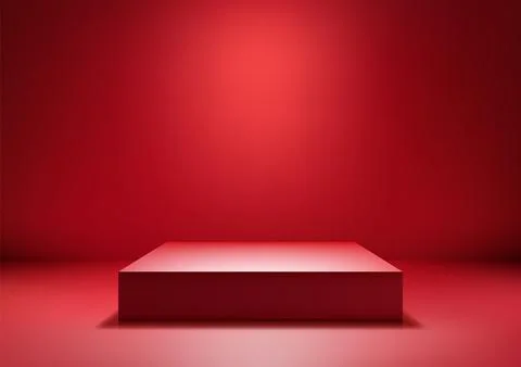 Vibrant red 3d square platform in glossy room illuminated light reflective .. Stockillustratie