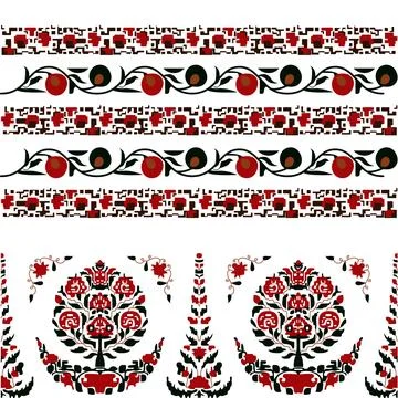A vibrant red and black pattern seamless borders featuring a majestic tree Stock Illustration