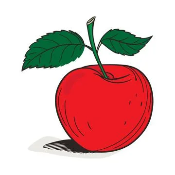 A vibrant red apple with green leaf and stem isolated on white background Stock Illustration