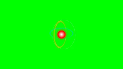 A vibrant red atomic nucleus surrounded by spinning orbital paths on green Video stock 340901519