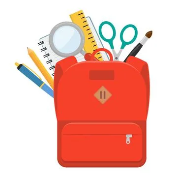 A vibrant red backpack that is completely filled with essential school suppli Stock Illustration