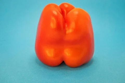 A vibrant red bell pepper is centered on a bright blue background, showcasing Stock Photos