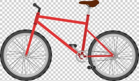 A vibrant red bicycle, complete with knobby tires and a brown seat, ready f.. Illustration