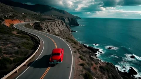 Vibrant red car gracefully navigates winding coastal road capturing scenic .. Stock-Footage 321948214