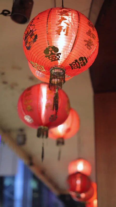 Vibrant Red Chinese Lanterns Hanging Indoors Stock Footage 323907950