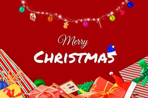 Vibrant red Christmas background with string lights, ornaments, presents, a.. Stock Photos