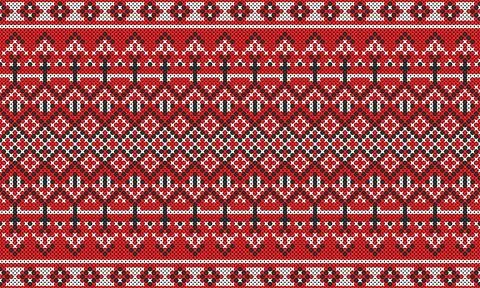 A vibrant red cross-stitch pattern in an ethnic or Native style. 스톡 일러스트