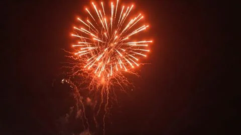 Vibrant red firework bursting in dark night sky Фото