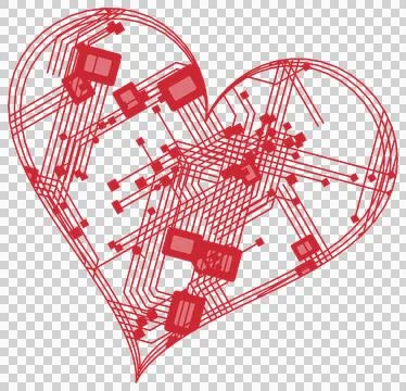 Vibrant red heart circuit pattern isolated PNG with transparent background Stock Photos