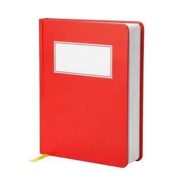 A vibrant red notebook with a blank label on the cover and a yellow ribbon .. Stock Illustration
