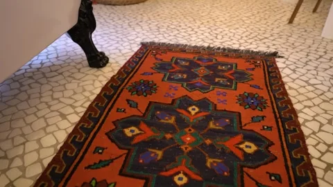 A vibrant red patterned oriental rug on a modern tiled floor in light bathroom Stock Footage 279270614