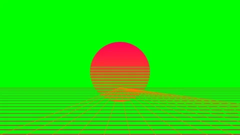 A vibrant red sun rising over a neon grid landscape in retro synthwave style Stock Footage 340903198