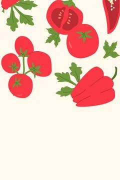 Vibrant red vegetables and herbs pattern with tomatoes and peppers Stock Illustration
