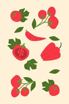 Vibrant red vegetables: tomatoes and peppers on a light background Stock Illustration