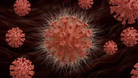 Vibrant red virus particles float through dark, swirling fluid Stock Illustration