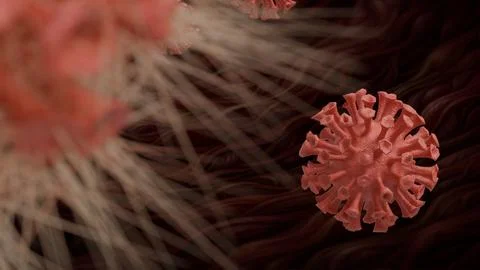 Vibrant red virus particles float through dark, swirling fluid Stock Illustration