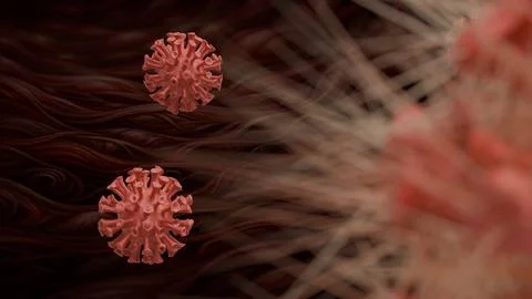 Vibrant red virus particles float through dark, swirling fluid Stock Illustration