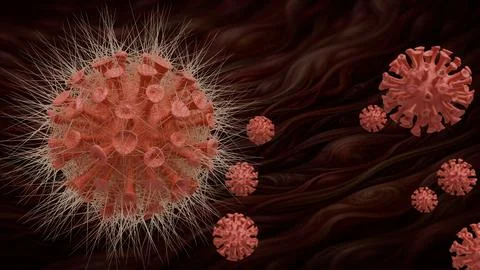 Vibrant red virus particles float through dark, swirling fluid Stock Illustration