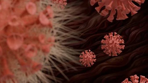 Vibrant red virus particles float through dark, swirling fluid Stock Illustration