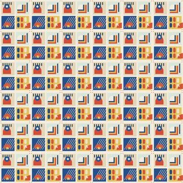 Vibrant repeating pattern of stylized red and blue delivery trucks with pac.. Stock Illustration