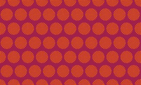 Vibrant repeating pattern of sunburst circles on a rich crimson background.   Stock Illustration