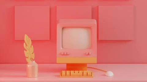 Vibrant Retro Computing: A Bold Pink and Orange Desktop Arrangement Stockillustratie