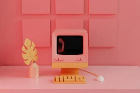 Vibrant Retro Computing: A Bold Pink and Orange Desktop Arrangement Stockillustratie
