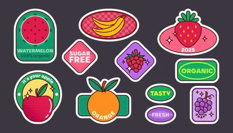 Vibrant retro fruit sticker set Stock Illustration