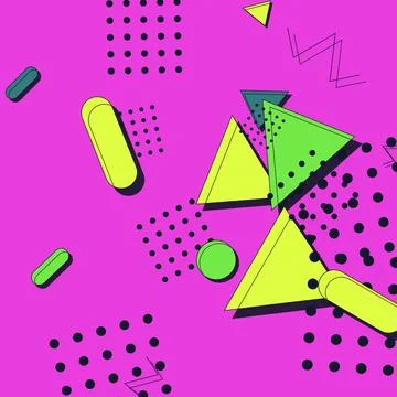 Vibrant Retro Memphis Geometric Pattern with Neon Triangles and Abstract Sh.. Stock Illustration