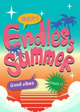 Vibrant retro poster with pink bubble text, palm trees, and a striped sunset  Stock-Illustration
