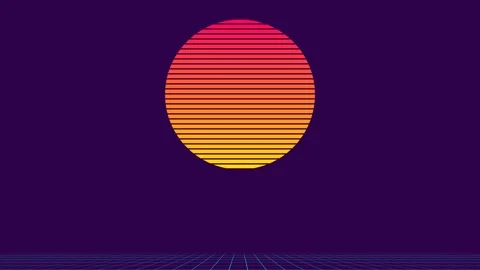 A vibrant retro synthwave sun setting over a dark digital horizon landscape Stock Footage 335146030