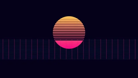 A vibrant retro synthwave sun setting over a digital grid horizon line Stock Footage 338310305