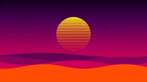 A vibrant retro synthwave sunset over stylized rolling desert sand dunes Stock Footage 336263377