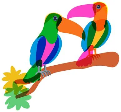 Vibrant Risograph Style Illustration of Two Toucans Perched on a Branch Illustration