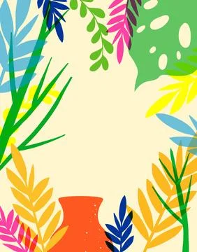 Vibrant Risograph Tropical Leaf Border with Botanical Frame and Vase Stockillustratie