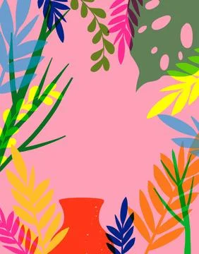 Vibrant Risograph Tropical Leaf Border with Monstera and Botanical Elements 库存插图