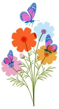 Vibrant Risograph Vector Illustration of Cosmos Flowers and Butterflies Stock Illustration