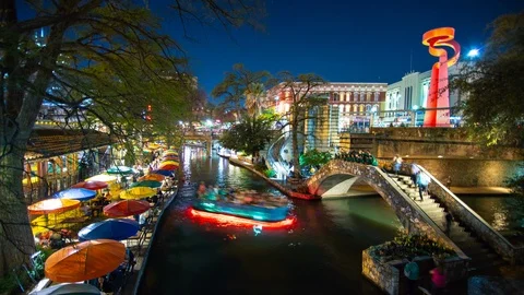 Vibrant San Antonio TX River Walk Night Timelapse Stock Footage 105895009