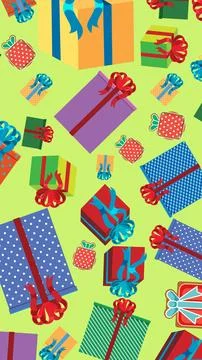 Vibrant Scattered Holiday Gift Boxes with Ribbons on Green Background Stock Illustration