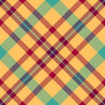 Vibrant seamless diagonal pixel plaid pattern in yellow, turquoise, and bur.. Stock Illustration