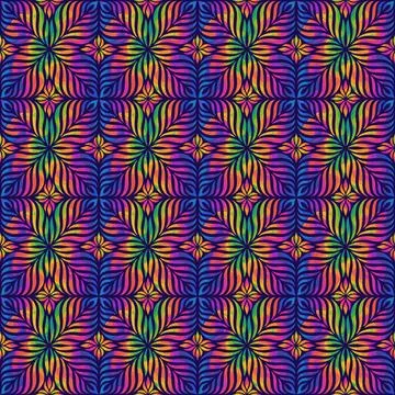 Vibrant Seamless Geometric Floral Pattern with Rainbow Colors on Dark Background Stock Illustration